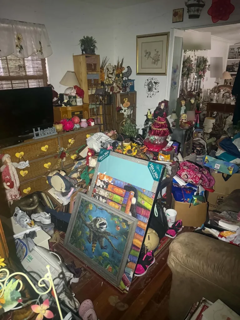 Living room before removal, with belongings across the floor in front of furniture.